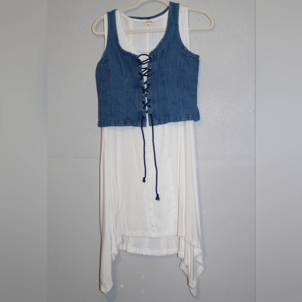 POL white Mini Dress With Vintage Denim Lace Up Vest